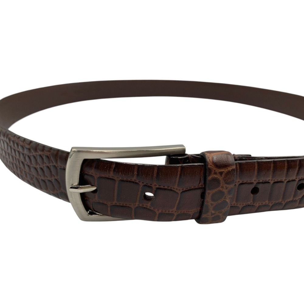 Perry Ellis Crocodile‎ Embossed Leather Belt Mens Brown Silver Tone Buckle Sz 40